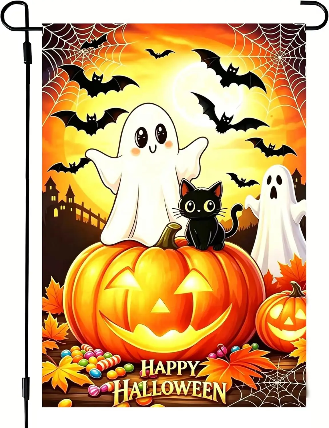 Halloween Ghost Black Cat Garden Flag 12x18 Double Sided, Small Burlap Holiday Farmhouse Rustic Garden Flags Halloween Decor aaz
