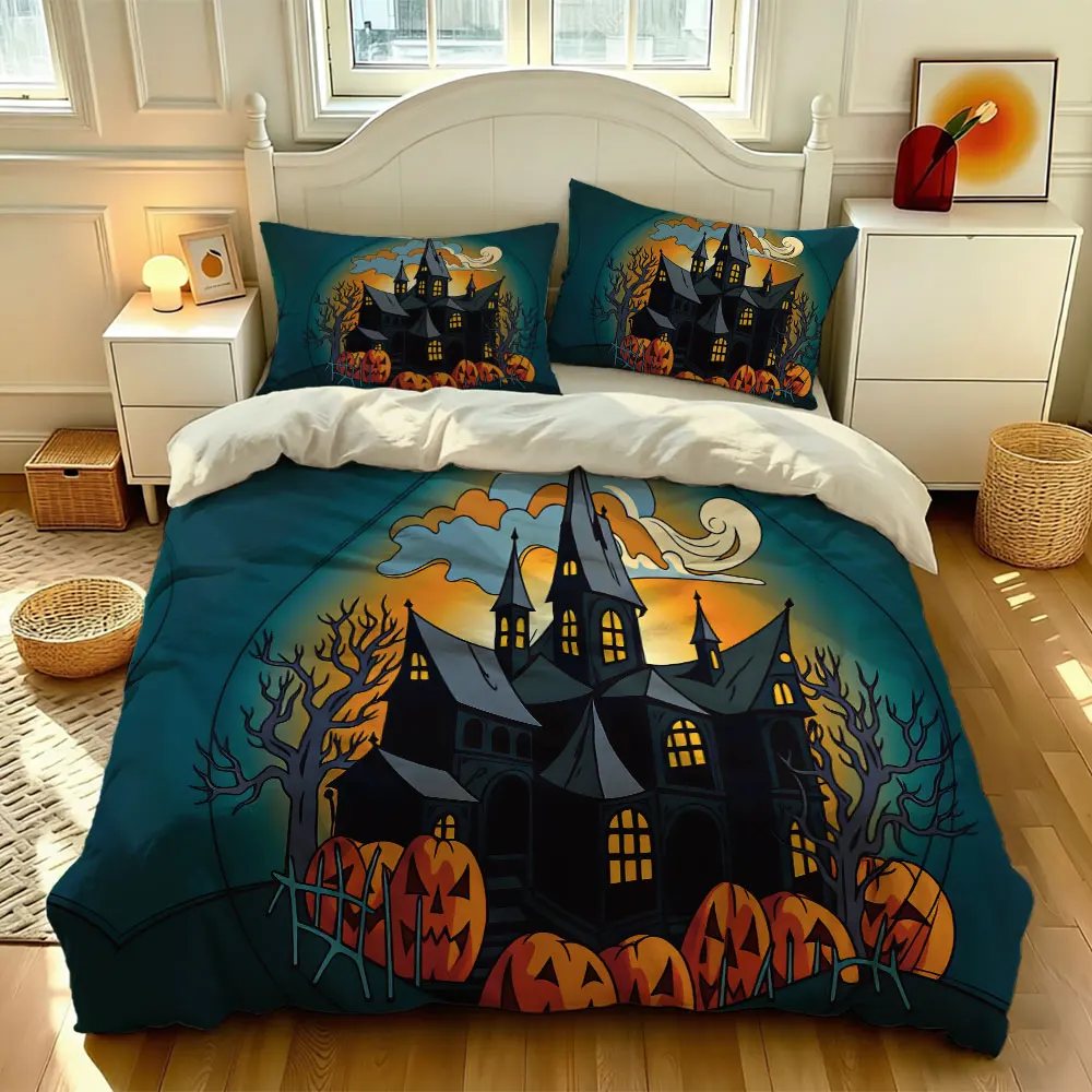 3PCS Halloween haunted house pumpkin pattern bedding set, without filling soft material machine washing