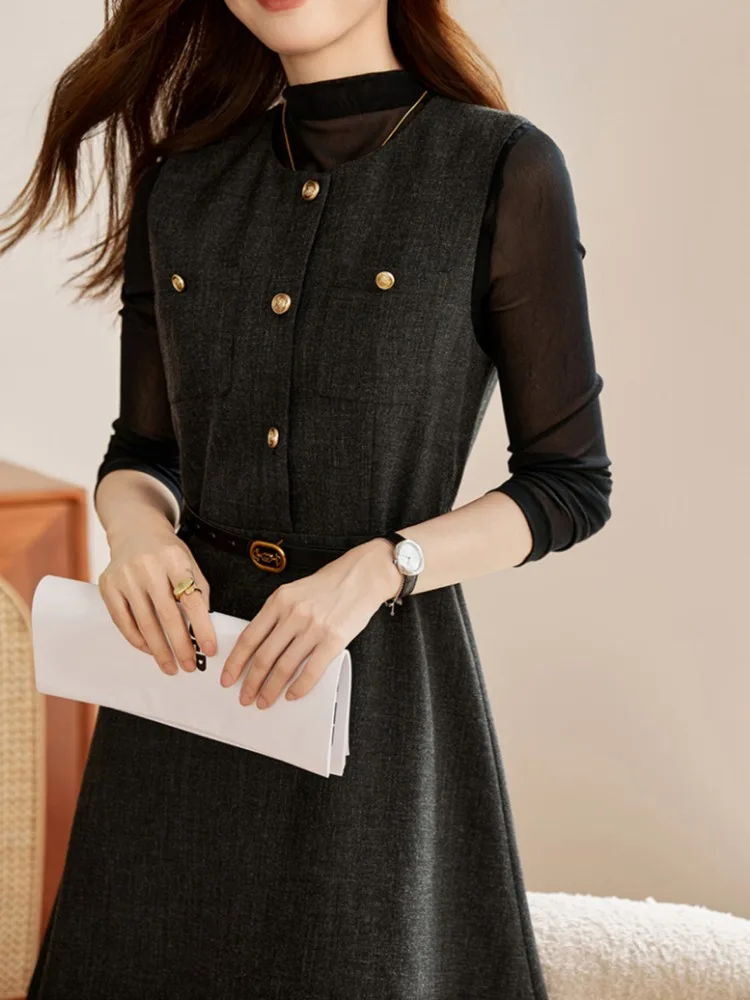 Elegant Two-Piece Women's Outfit: Sleeveless Waist-Cinching Dress & Knit Cardigan Set - Chic Spring/Fall Commuter Wear Advanced