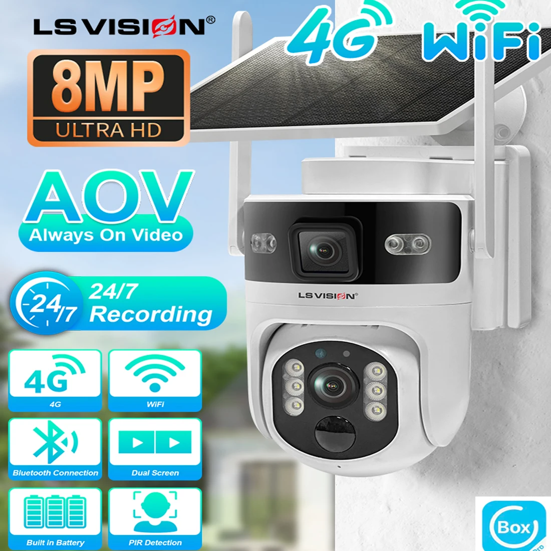 

LS VISION 24/7 Continous Recording Surveillance Cameras Solar Energy WiFi 4g Wireless Outdoor Security Camera AI AOV Ubox App
