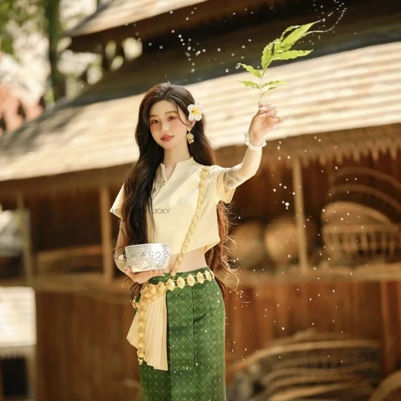 

Thailand Vintage Traditional Festival Clothing Dance Dress Set Thai Women Festival Sexy Vacation Photography Dress Two piece Set