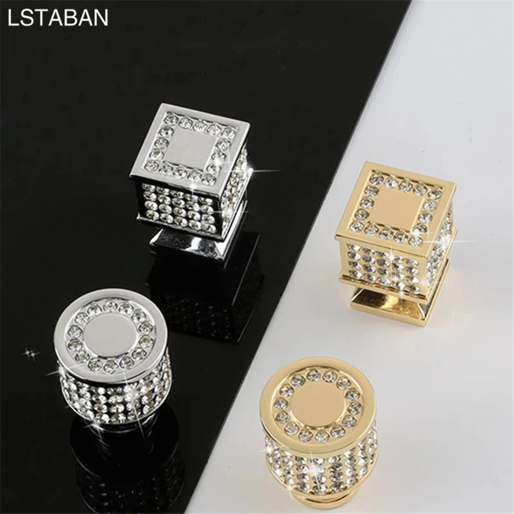 Light Luxury Diamond Cabinet Handle K Gold Crystal Door Knob Zinc Alloy Gem Round Square Shining Drawer Wardrobe Push Pull Knobs