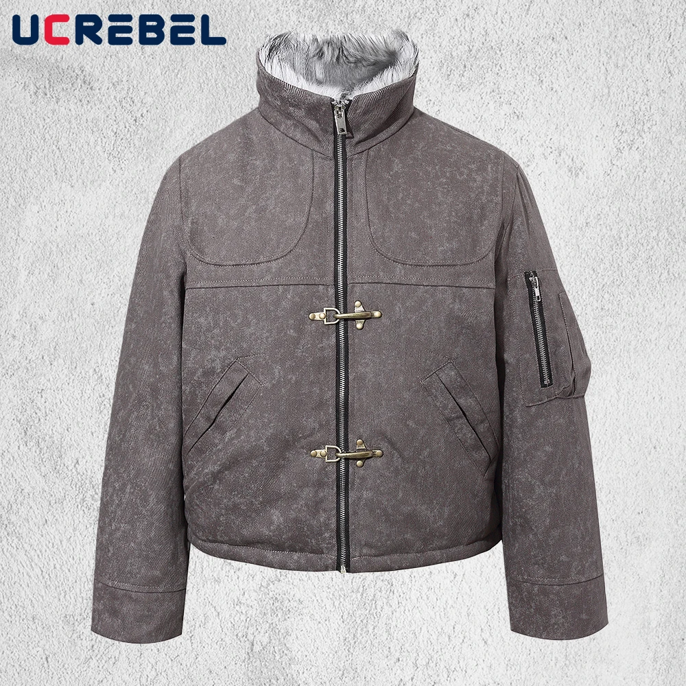 

Retro Stand Collar Quilted Jacket Mens Pocket High Street Winter Thick Spliced Fur Collar Long Sleeve Padded Jacket Man