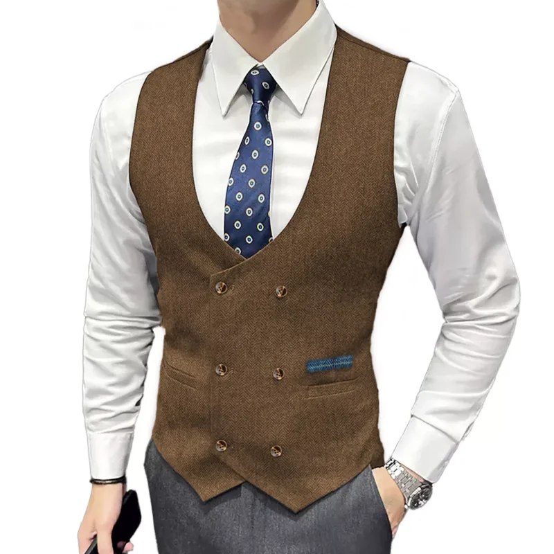 

Herringbone Men Vest Brown Solid Double ButtonTweed Slim Casual Business Waistcoat For Wedding Party Banquet Prom Set Men Suit