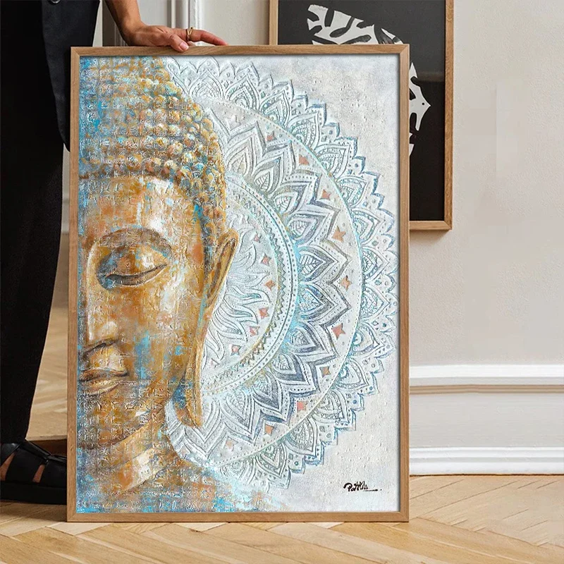 Modern Buddha Canvas Paintings Blue Mandala Flower Blossom Buddha Posters HD Pictures for Bedroom Living Room Buddhism Art Decor