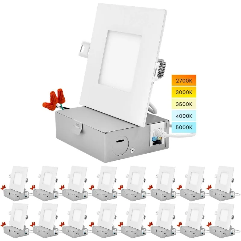 LUXRITE 4 Inch Ultra Thin Square LED Recessed Lighting, 5 Color Temperature Options 2700K - 5000K, Dimmable LED Downlight