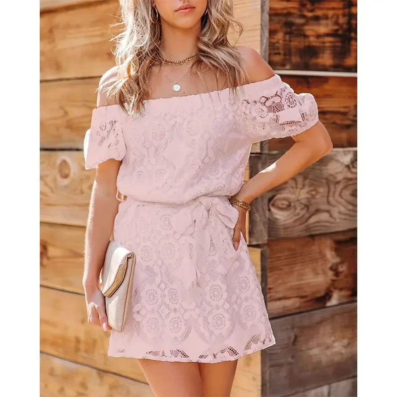 Short Sleeve Off-Neck Dresses Slash Collar Trend Lace A-line Summer Dress Women Embroidered Fitted High Waist Casual Dresses