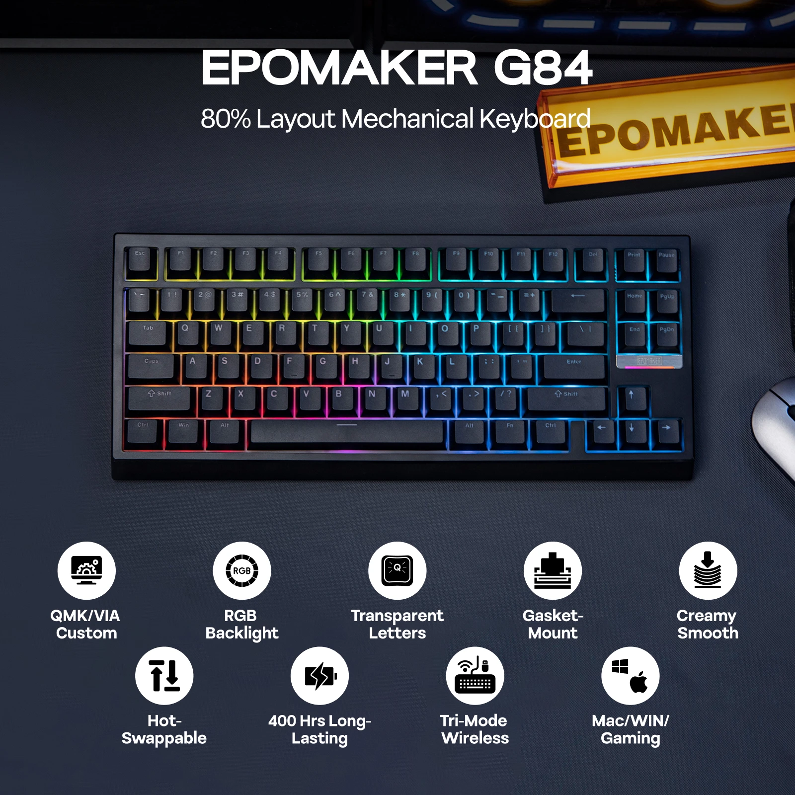 EPOMAKER G84 VIA 80% レイアウト ホットスワップ ガスケット搭載有線