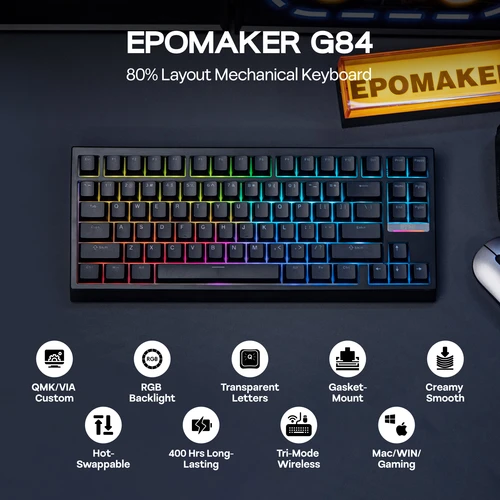 Imagen 2 del producto EPOMAKER G84 VIA 80% Diseño Teclado mecánico inalámbrico con cable/2,4 GHz/Bluetooth montado en junta intercambiable en caliente con retroiluminación RGB