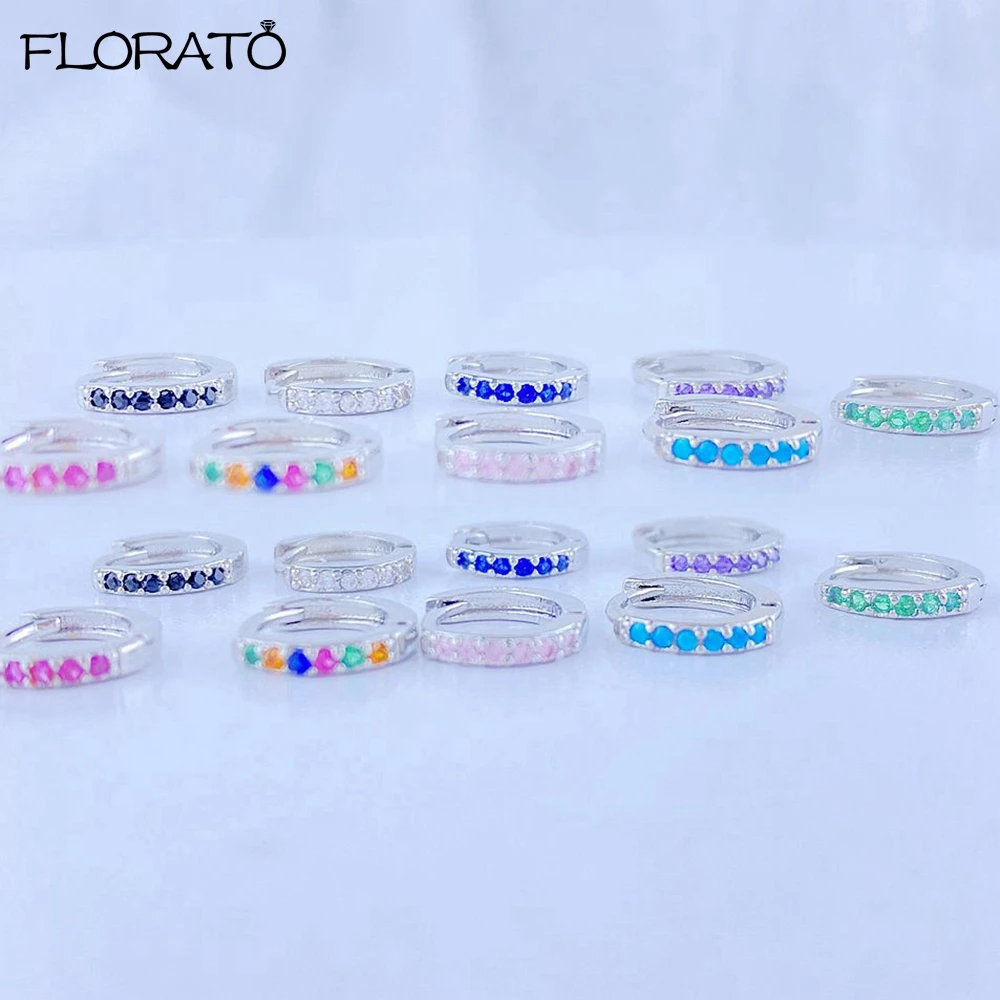 925 Silver Needle Crystal 9mm Small Hoop Earrings for Women Minimal Huggie Earrings Colorful Zircon Piercing Earrings Jewelry