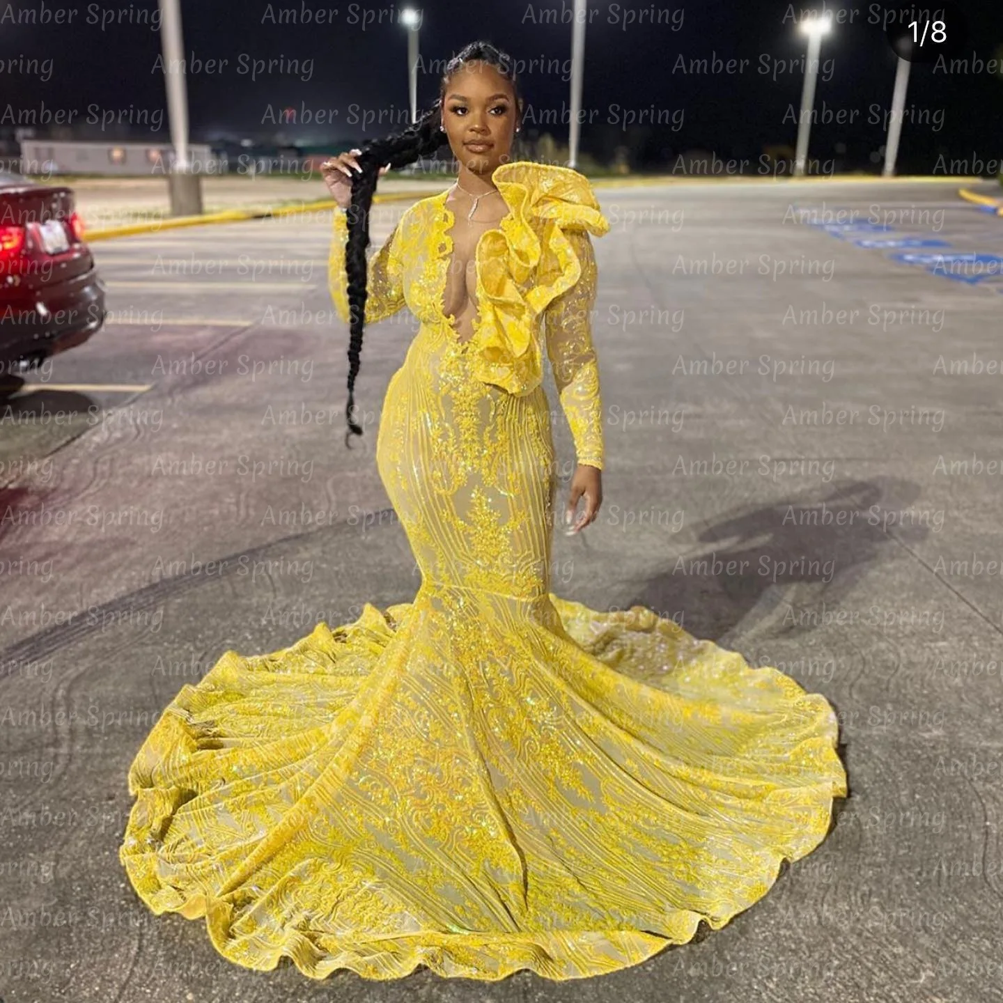 

CUstomized Yellow Sequins Prom Dresses Long Sleeves Sexy Deep V Neck Mermaid Girl Homecoming Ball Gowns Maxi Vestido de fiesta