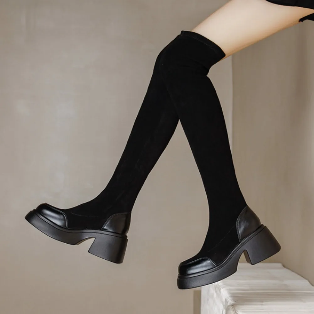 

Длинные женские ботинки, новые зимние ботинки на толстой подошве, женские высокие сапоги выше колена на толстой подошве, замшевые сапоги выше колена на резинке