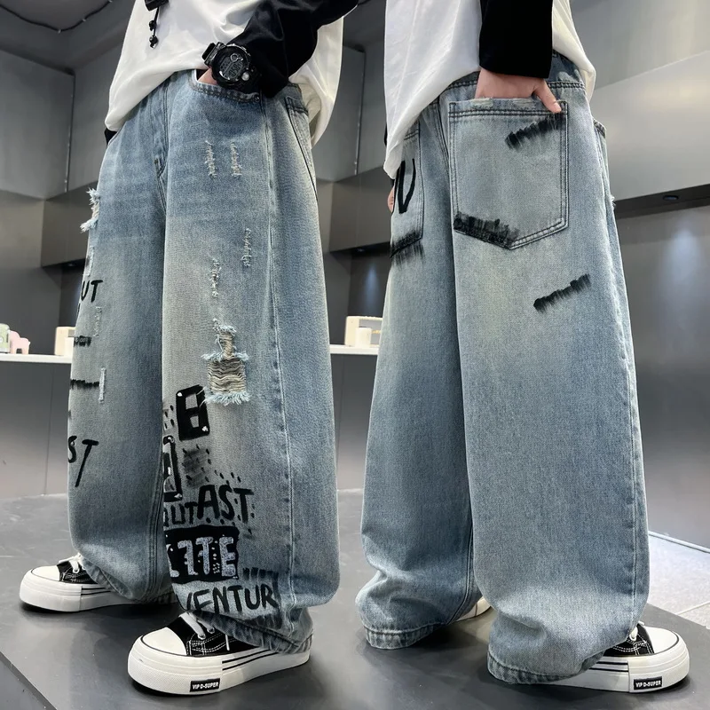Fashion Kids Designer Hole Jeans with Graffiti for School Boy High