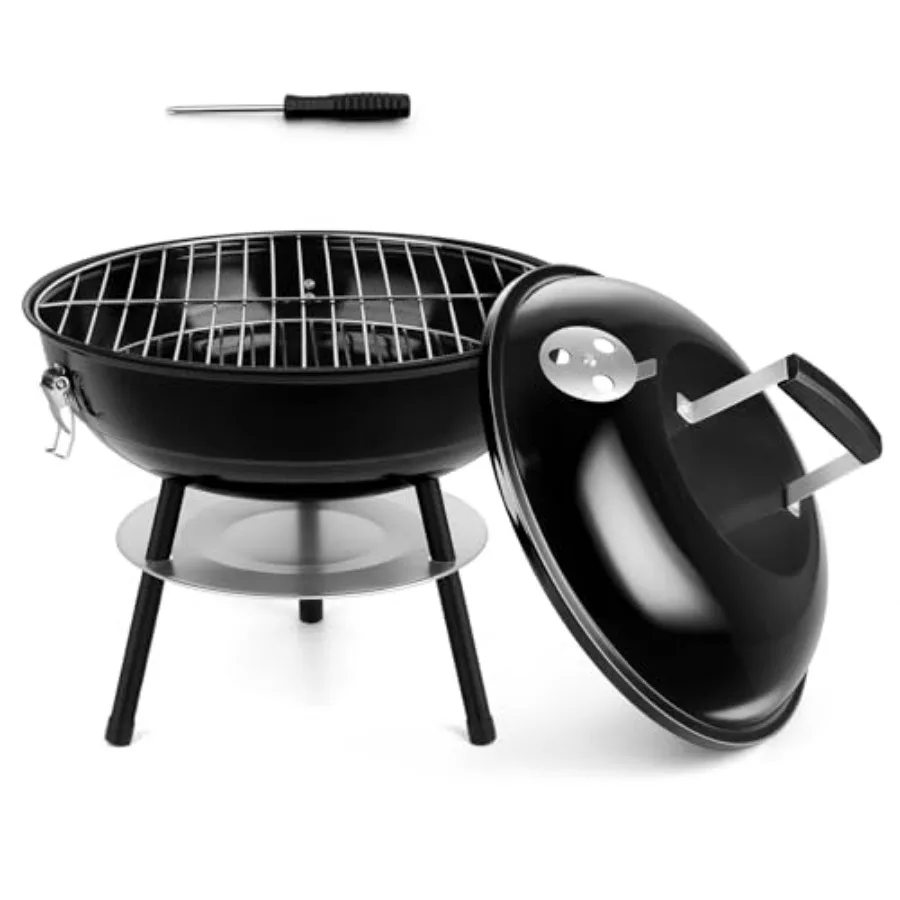 

14 Inch Charcoal Grill, Small Black Enamel Outdoor BBQ Grill, Mini Flat Top Kettle Barbecue Grill with Screwdriver, Portable fo