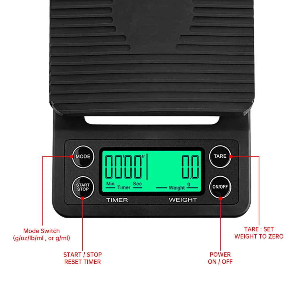 0.1g/3000g Scala elettronica da cucina con timer Vassoio antiscivolo LCD Digital Food Coffee Balance Strumento di misurazione di alta precisione