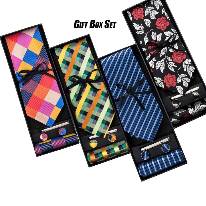 Hi-Tie Patchwork Plaid Printed Men's Woven Tie Patchwork Color Necktie Tie Set Cufflinks Tie Clip Men's Gift Set