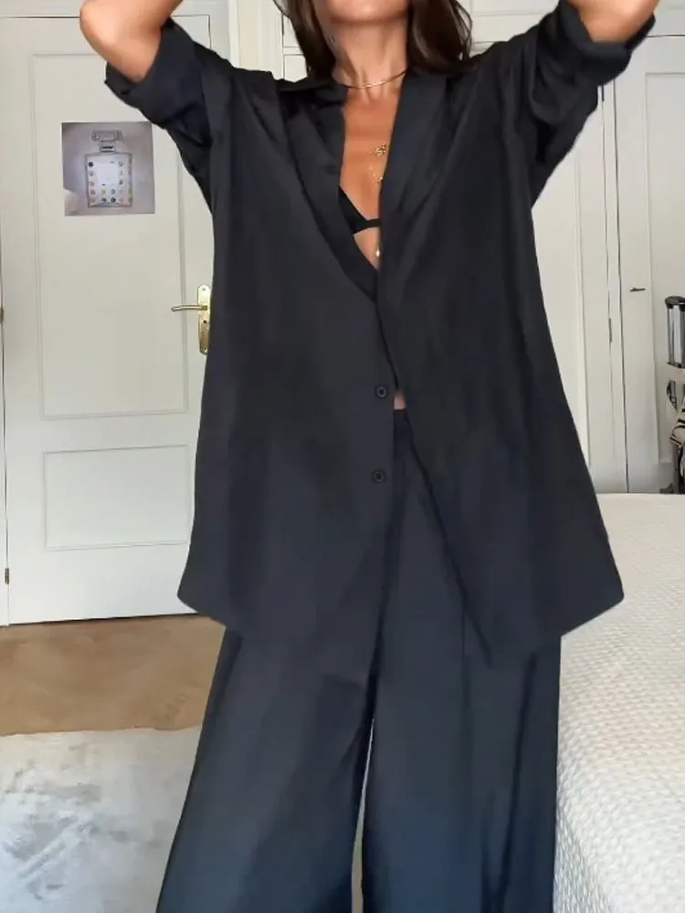 Setelan Jas Hitam Fashion Terbaru Wanita Musim Gugur Lengan Panjang Kancing Satu + Celana Saku Elegan 2 Potong Set Pakaian Kantor Kasual