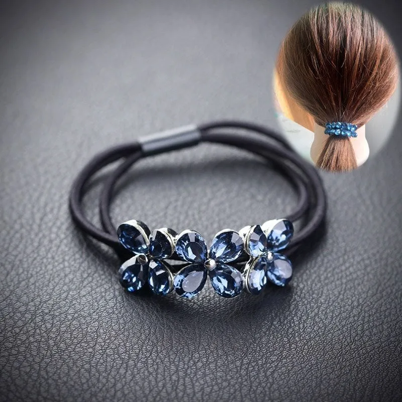 Scrunchies de flores de diamantes de imitación azules para mujeres y niñas, bandas de goma elásticas para el cabello, accesorios, lazo, Anillo para