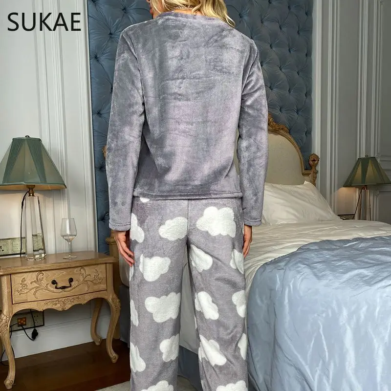 SUKAE Winter Woman Cozy Flannel Pijamas Pajamas Set Pullover Lashes Sleepwear Fluffy Homewear Cold Thermal Lady Lingerie Pyjama