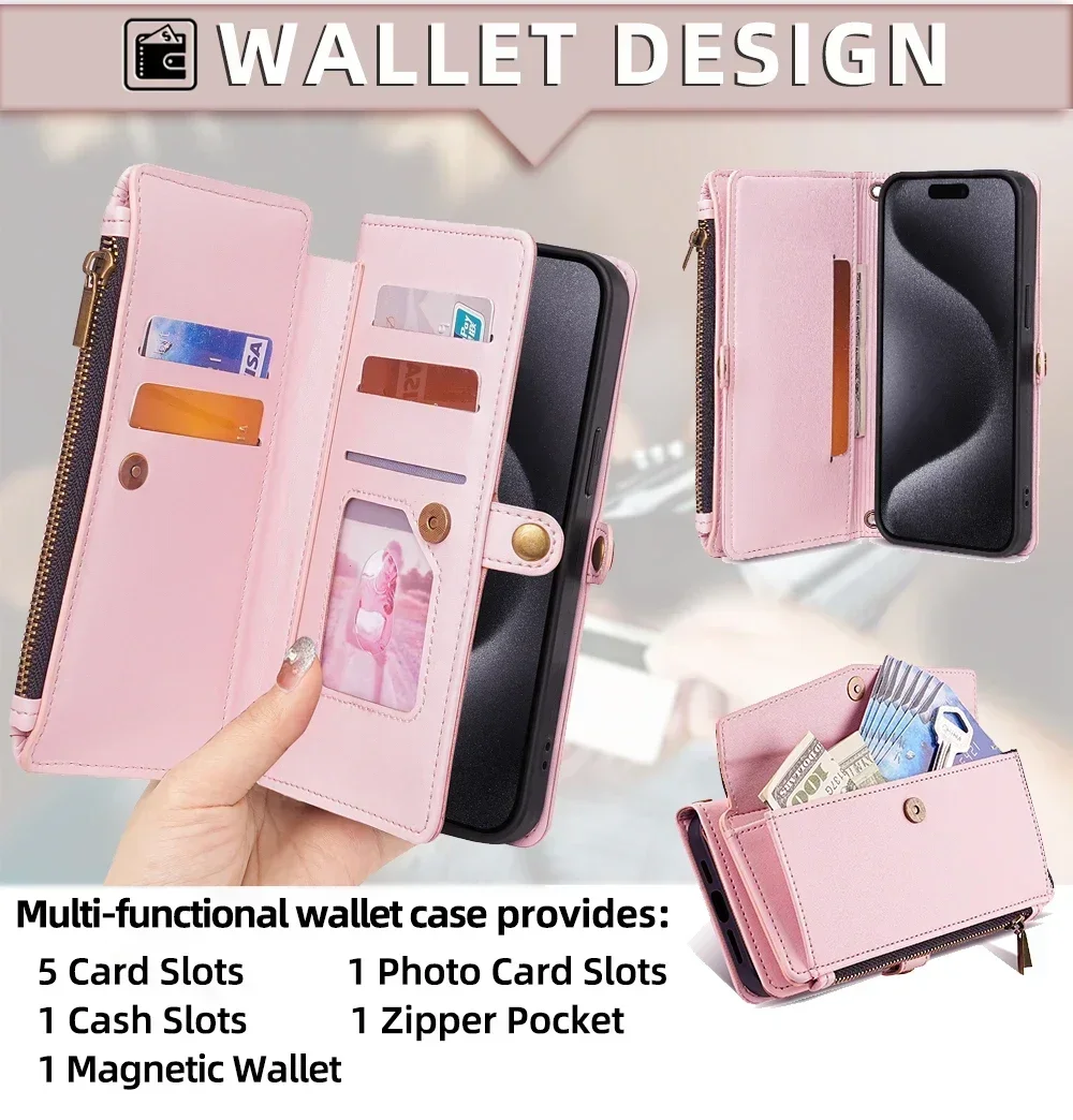 Reißverschluss PU-Leder Brieftasche Buchcover Handyhüllen für iPhone 16 16E 17 Air Pro Plus Max Flip Cover Multifunktionale Berging Bags – Detail 12