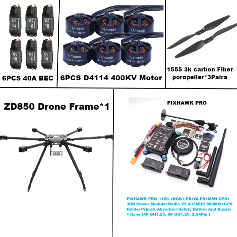 

ZD850 PRO M8N Full Carbon Fiber 850mm Hexa-Rotor Frame BLHELI 40A ESC PIXHAWK Flight Comtrol Rado Telemetry Set