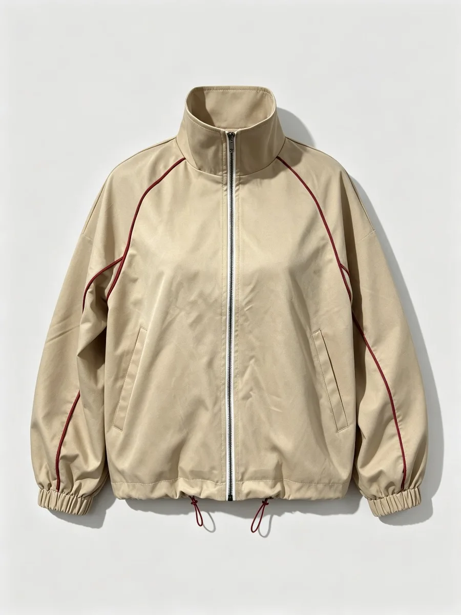 Freeacy 2026 Autumn New Women Contrast Stitching Puff Sleeve Cropped Jacket Stand Collar Casual Utility Outerwear