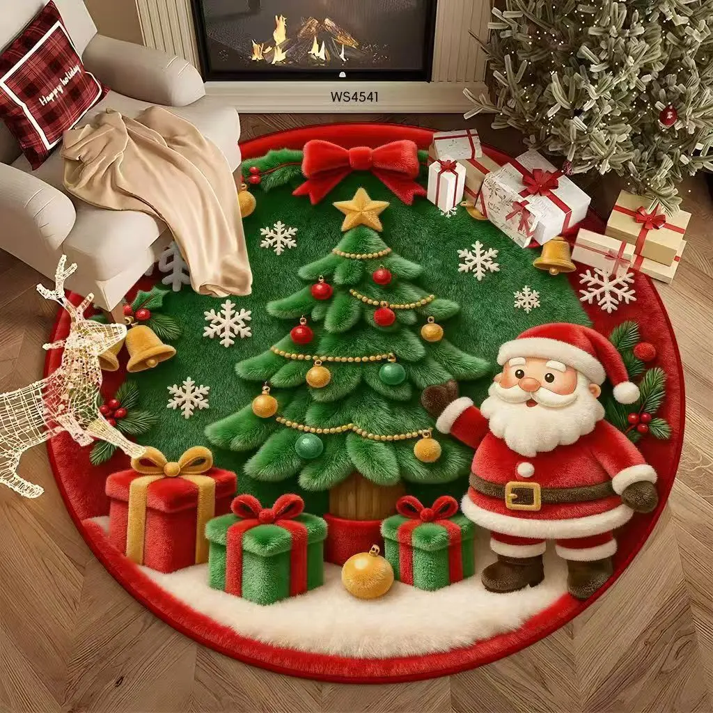 VIKAMA Fluffy 3D Christmas Tree Cream Round Rug Soft Flannel Non-Slip Bedroom Bedside Living Room Christmas Carpet Cozy Home