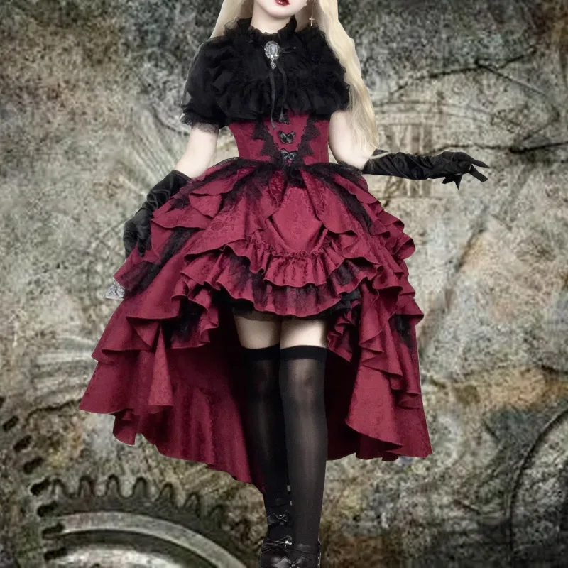 

2024 Dark Gothic Lolita Black Shirt Red Pull up Top Shirt Skirt Set Lolita Asymmetric half skirt two-piece set