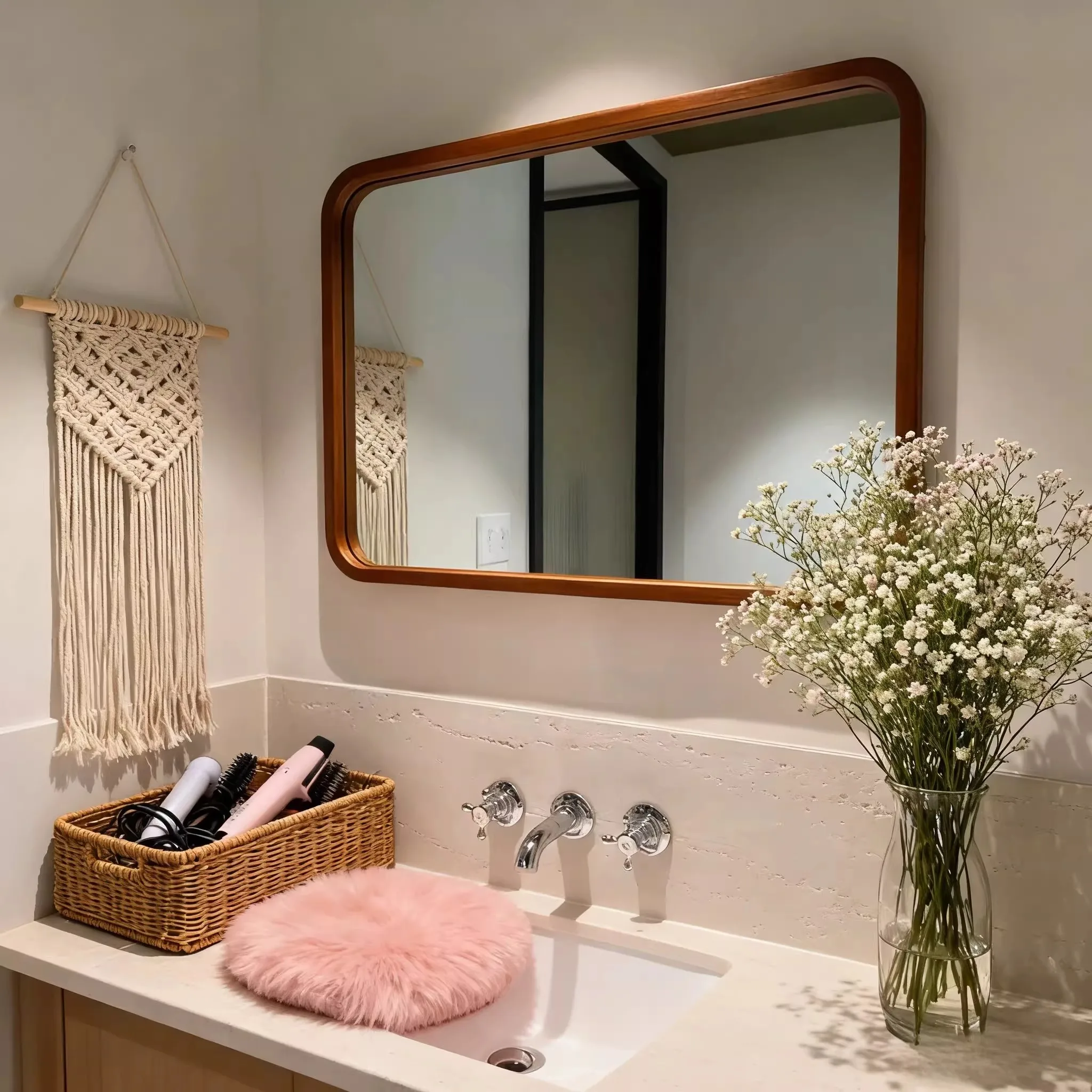 French RetroFurniture Bathroom Wall-Mounted Vanity Mirror Clothing Store Cloakroom High-Definition Walnut Wood Dressing Mirror
