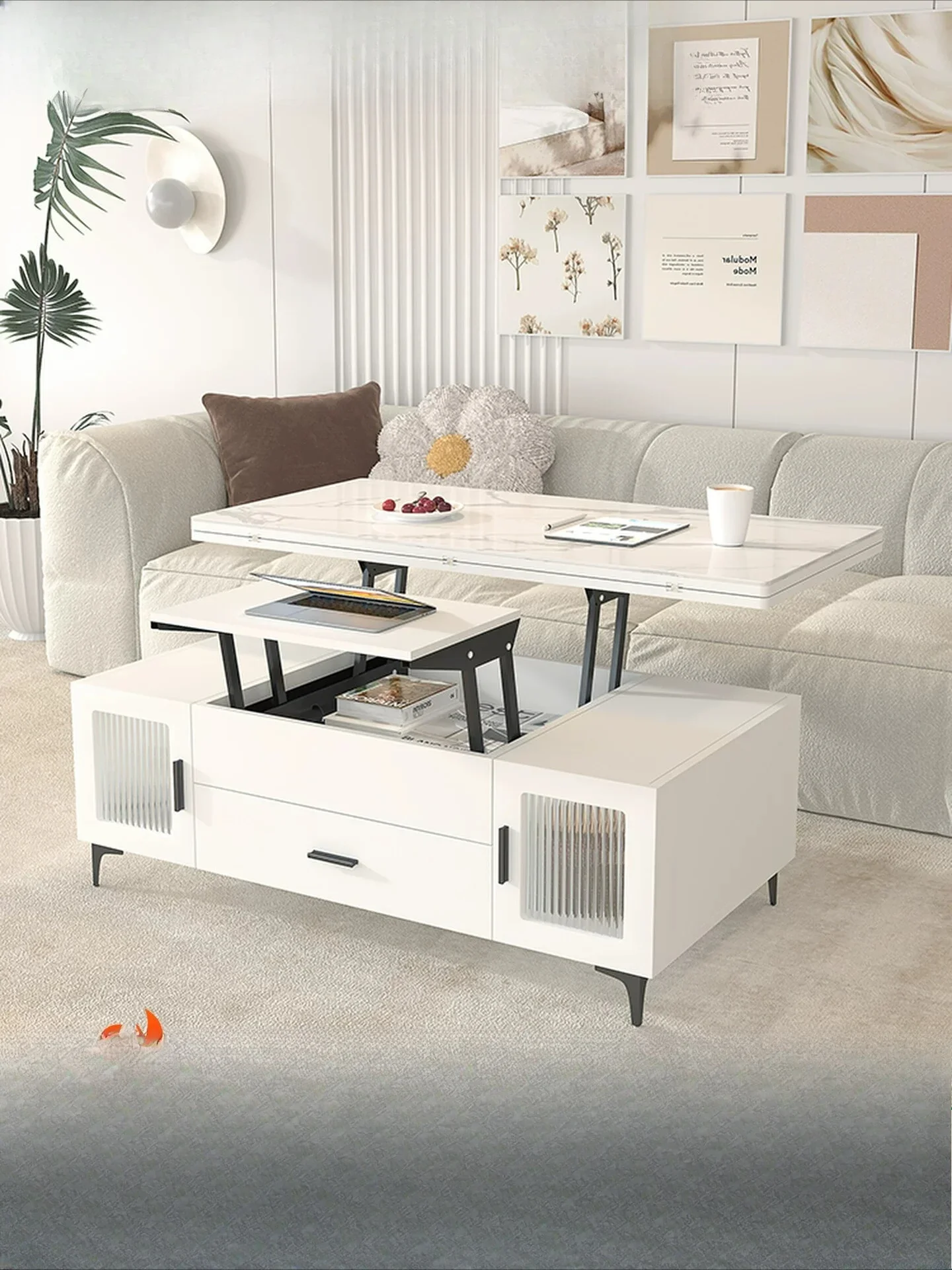 Multifunctional lifting coffee table dining table dual-purpose cream wind small apartment living room  integrated multi-purpose