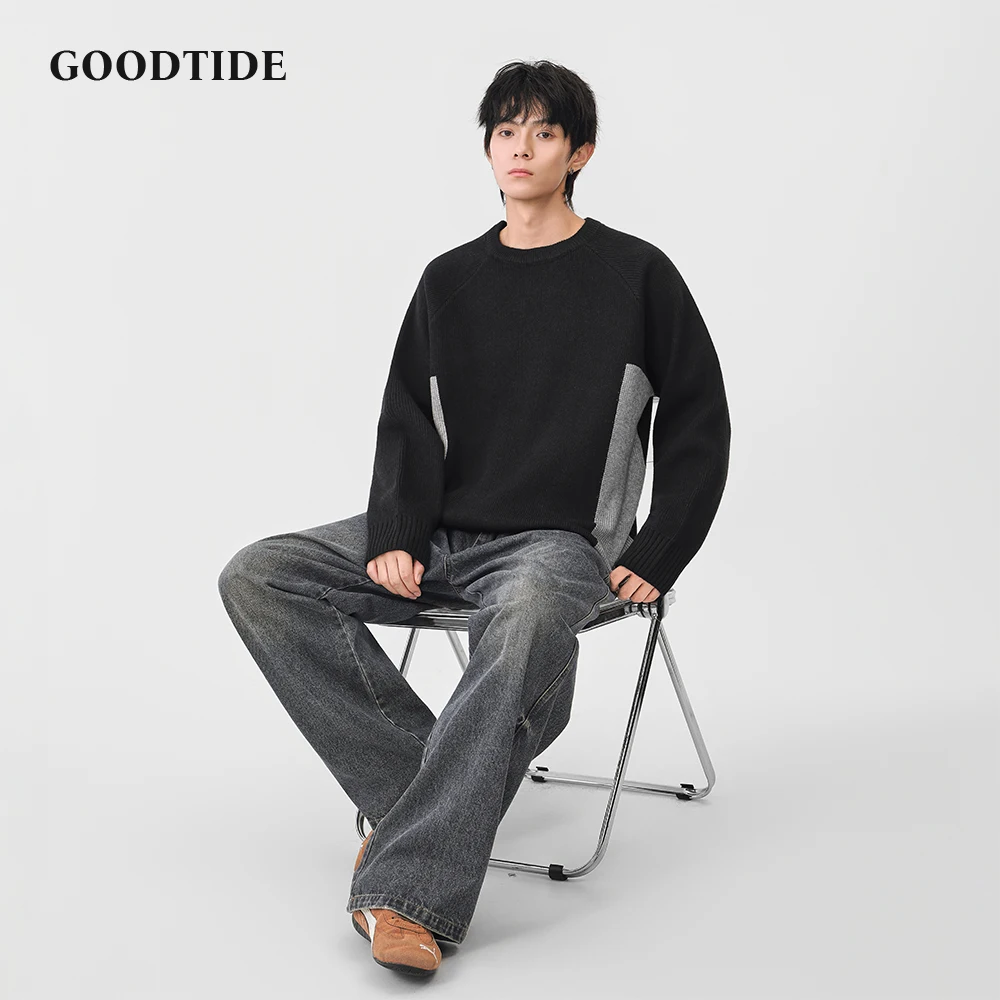 

2025 Winter Fashion Men's Casual Crew Neck Sweater Contrast Panel Raglan Sleeve Knitted Pullover Soft Long Sleeve Jumper Top