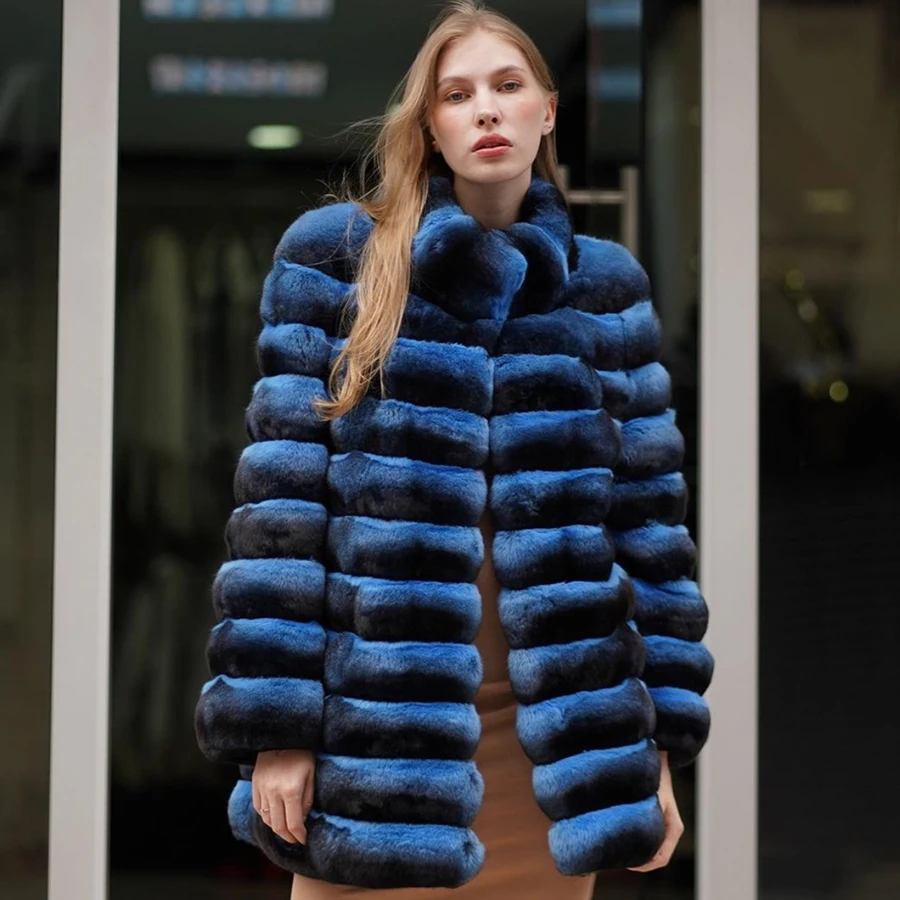 Winter Fur Coat Women Real Rex Rabbit Fur Coat Chinchilla Colour Rabbit Fur Jacket New Arrival Hot Selling 2024