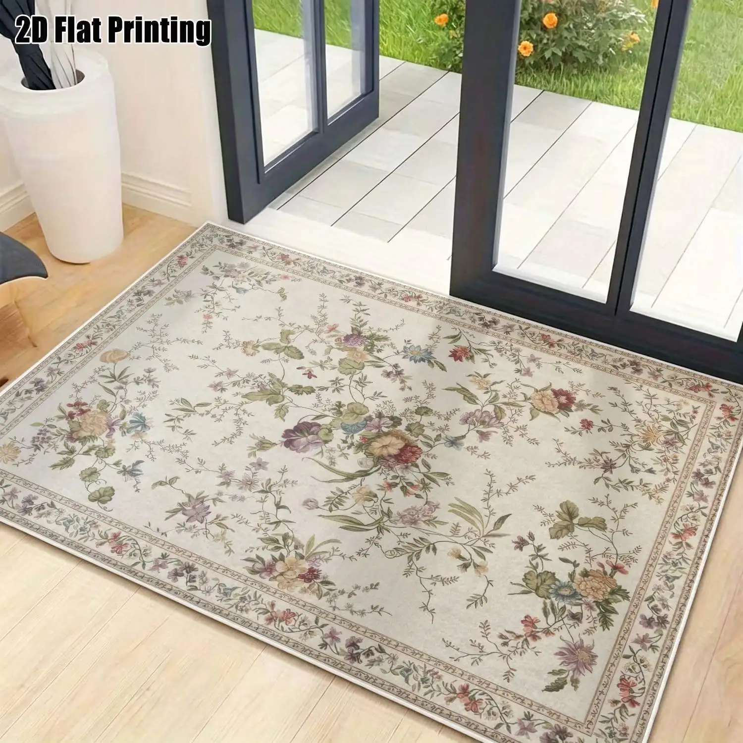 1Pc 2D Printed Retro Pink Floral Velvet Carpet, Machine Washable, Multi-Size for Home Decor, Multi-Scene Use