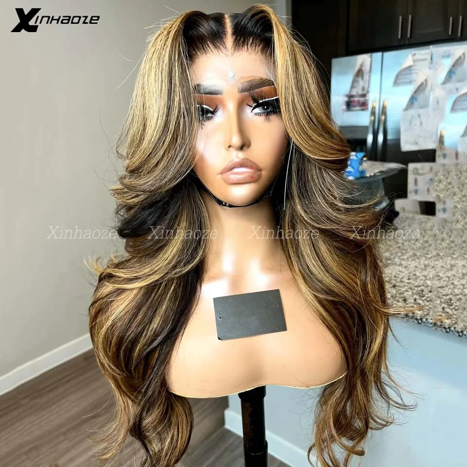 Highlight Brown Honey Blonde Colored Wave Lace Frontal Wig Brazilian Hair 13X6 HD Lace Wig Pre Plucked Silk Top Human Hair Wigs