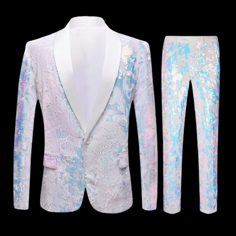 

Men's Wedding Suit White Velvet Sequins Blazers Pants Set for Male Groom Banquet Prom Photograph Suits Singer Host Stage Outfit