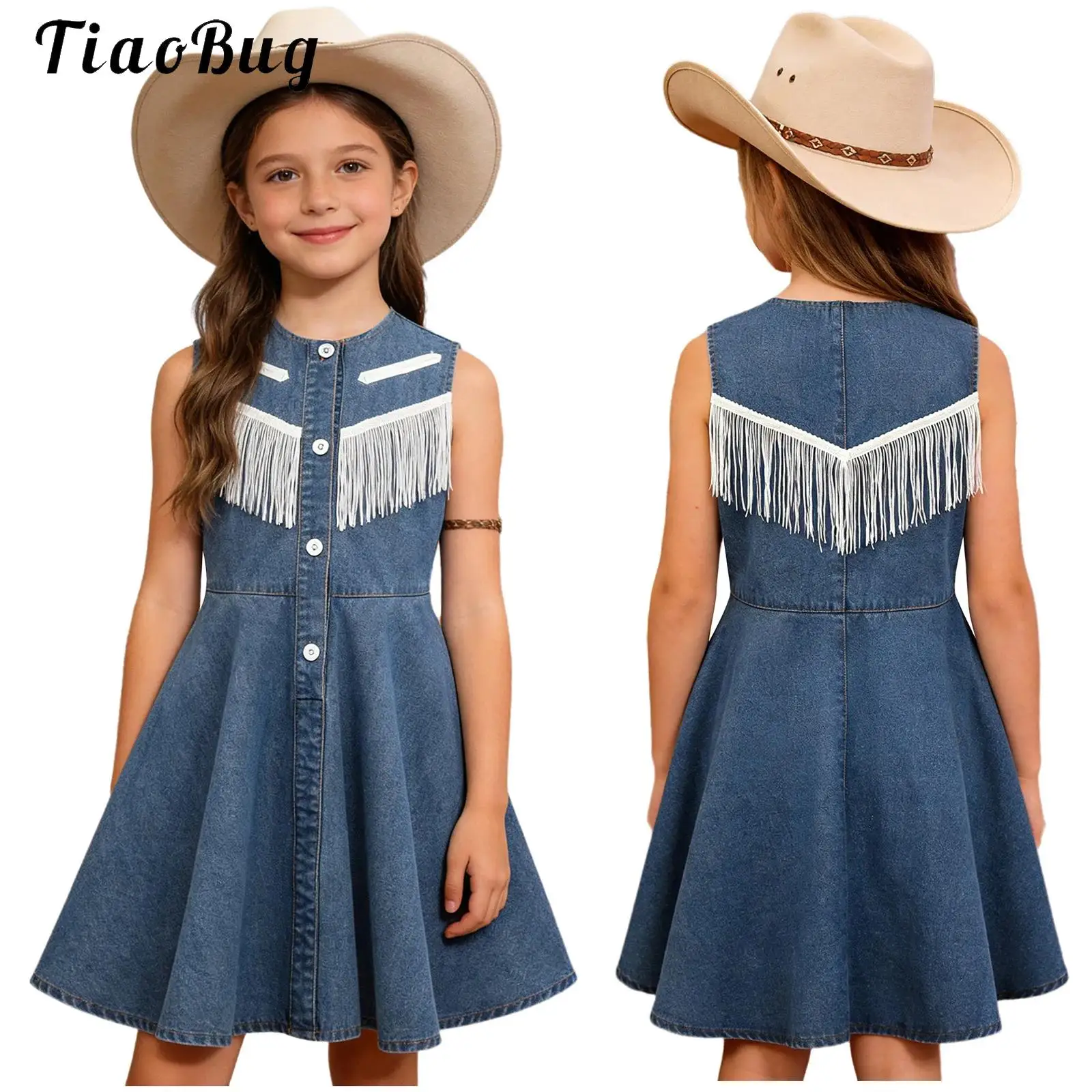 

Kids Girls Western Cowgirl Costume Sleeveless Button Tassel A-Line Denim Dress for Birthday Halloween Cowboy Party Fancy Dress