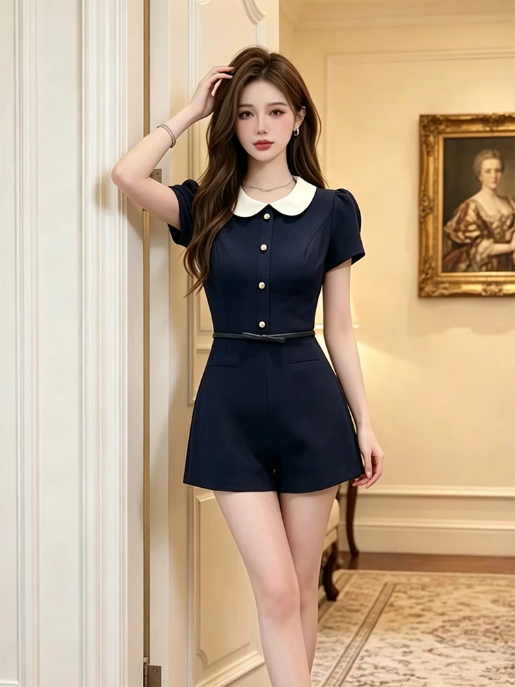 

Slimming Onesie with Puffy Sleeves And Babydoll Collar for Women High Waist Belted Short Pants Commute Style Summer Fashion