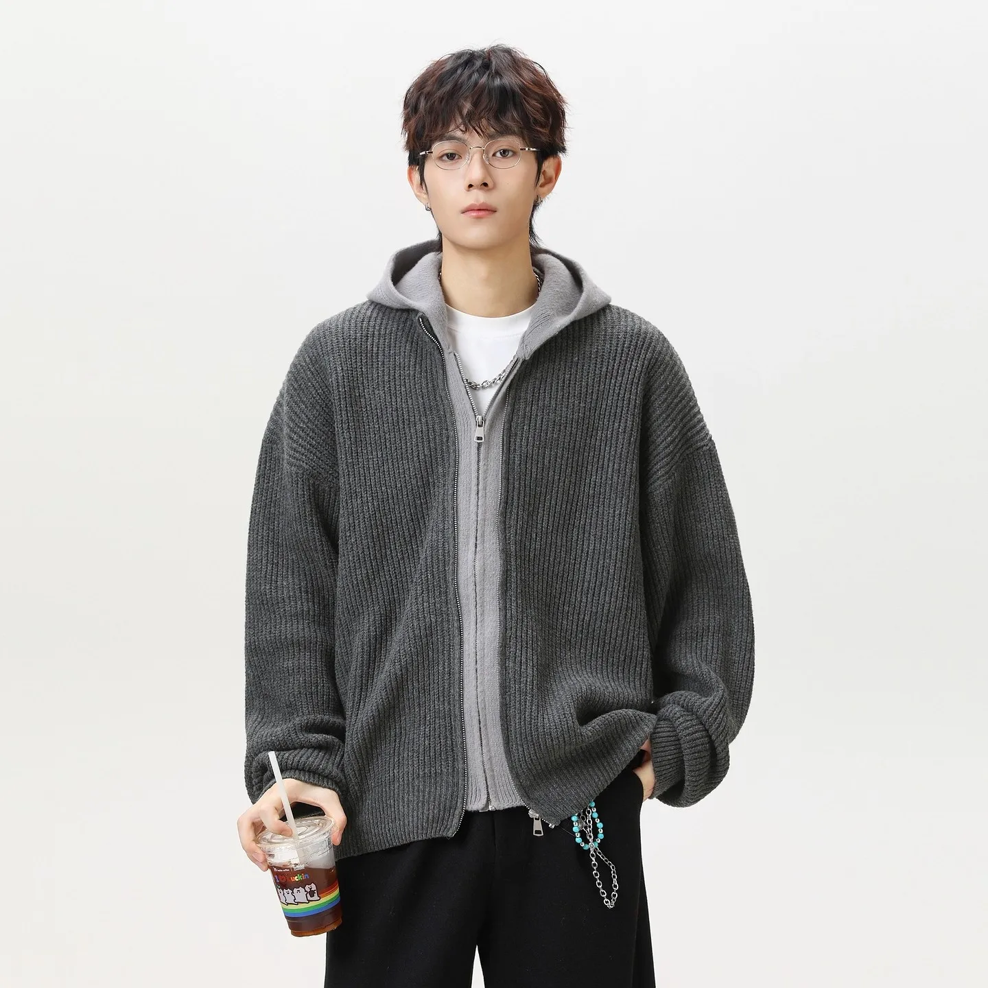 

Fake two-piece spliced ​​cardigan hooded sweater jacket for men and women autumn and winter loose couple lazy sweater