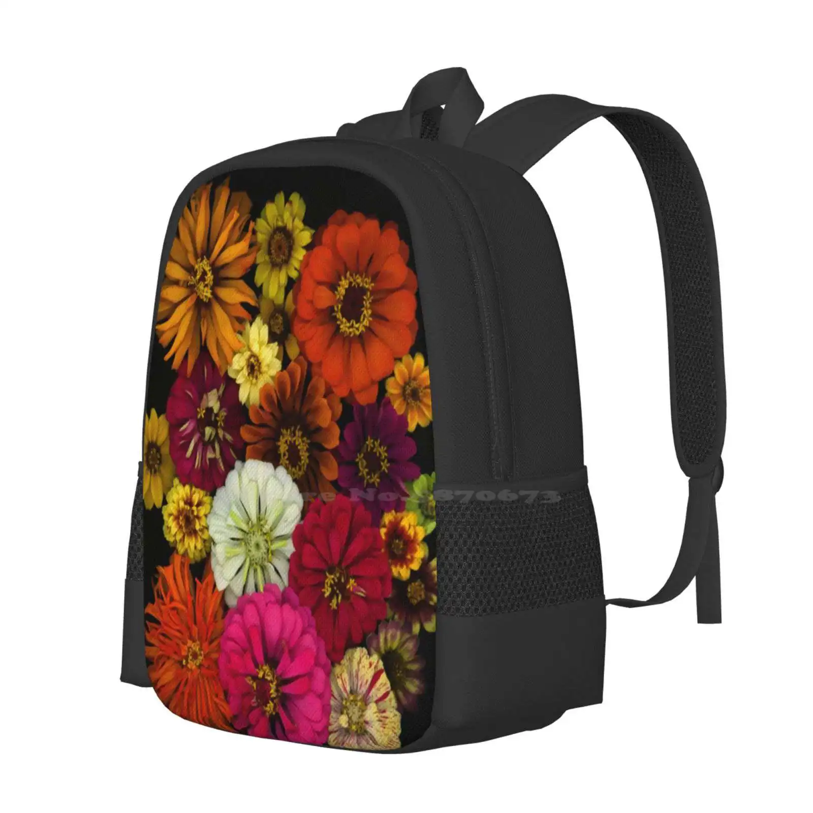 Zinnia Teen College Student Backpack Pattern Design Bags Zinnias Floral Maz Ghani Ideas Orange Pink Garden Wildflowers Nature