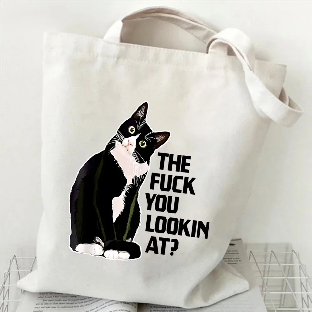 New Cat Series Women Tote Bags Cute Cow Cat Print Canvas Eco Handbag High Capacity Harajuku Fashion Cat Lovers Teen Shoulder Bag