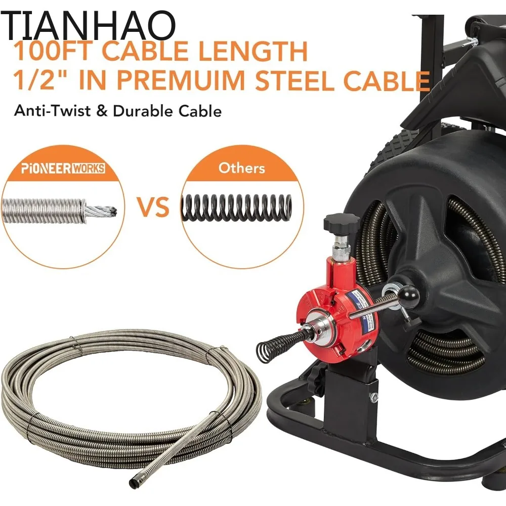 100Ft x 1/2 in Auto-feed Electric Drain Cleaner Machine 6.8A, Professional Drain Auger for 1” to 4” Pipes, with 6 Cutters