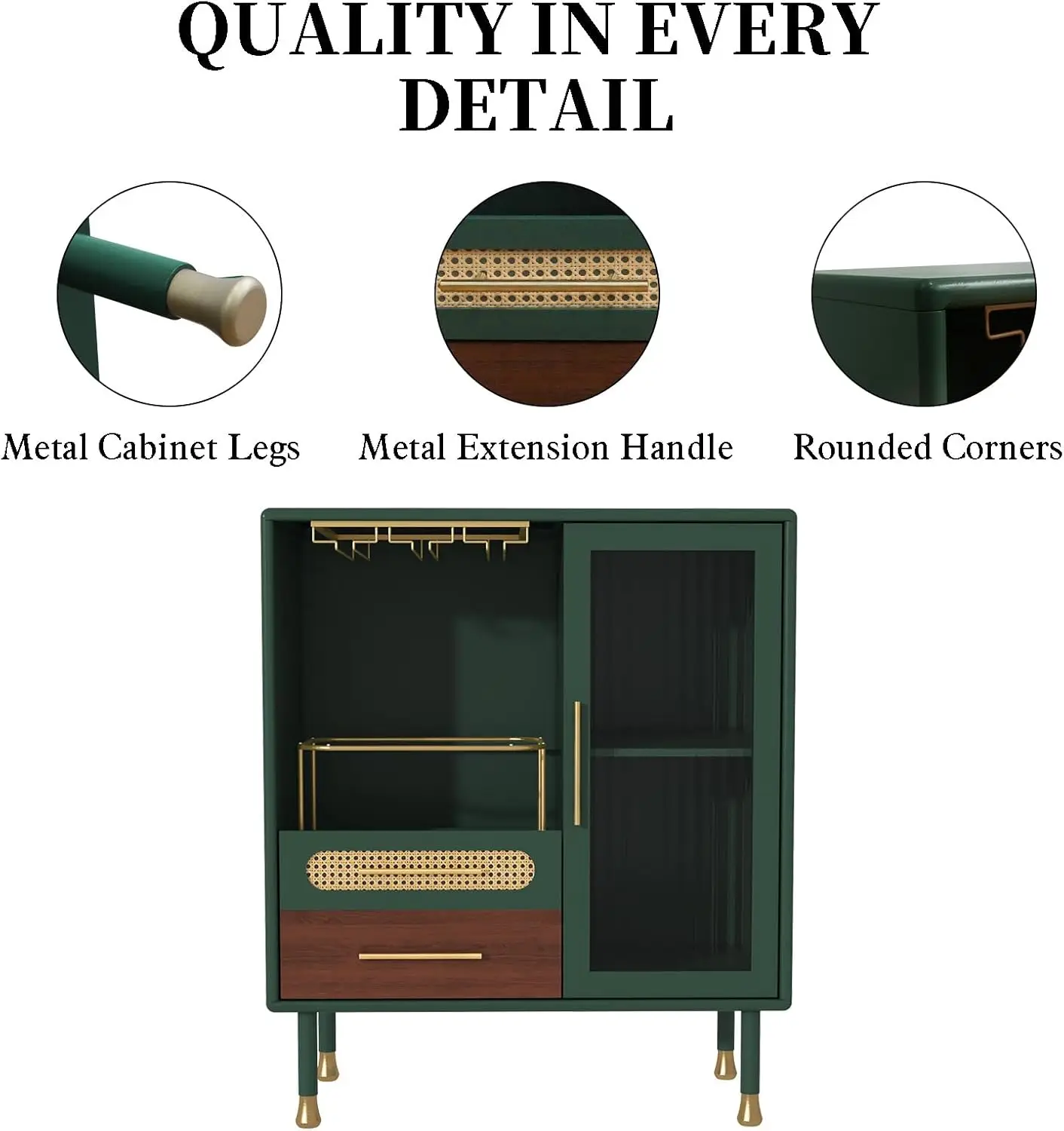 ตู้บาร์กาแฟสีเขียวทันสมัยพร้อมชั้นวางไวน์และลิ้นชักสำหรับห้องครัวหรือห้องนั่งเล่น