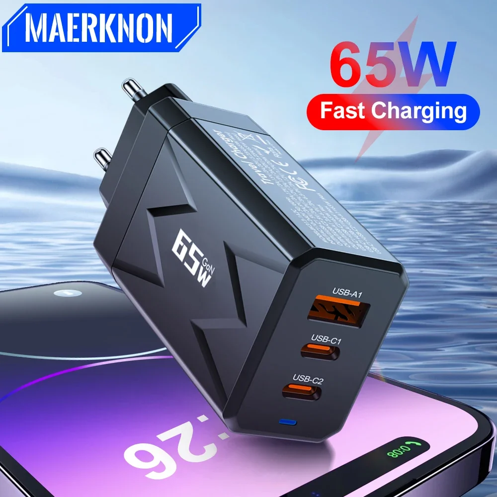 USB 65W GaN Charger Fast Charging Type C Wall Phone Quick Charge Adapter For iPhone Xiaomi Huawei Samsung QC3.0 EU/US/KR Plug