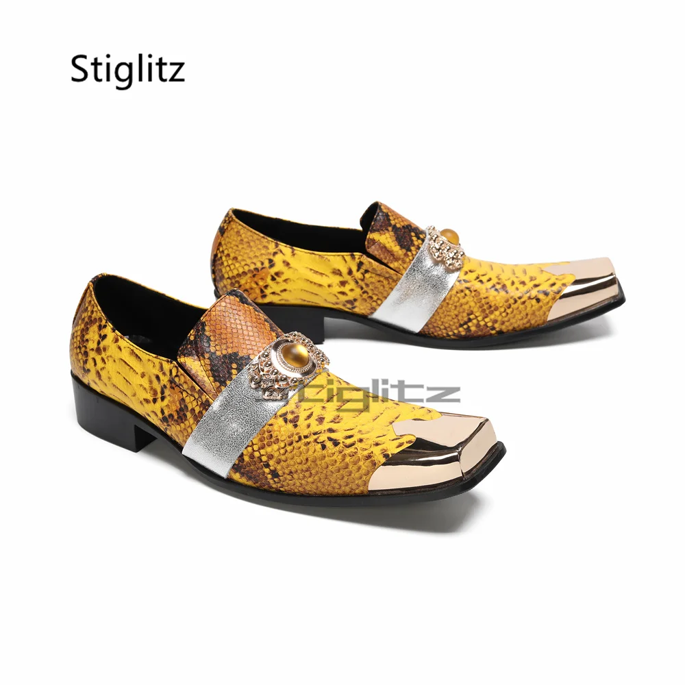 Snake Pattern Square Toe Business Men's Shoes Gem Strap Metal Toe Genuine Leather Slip On Handmade Gentleman Formal Shoes