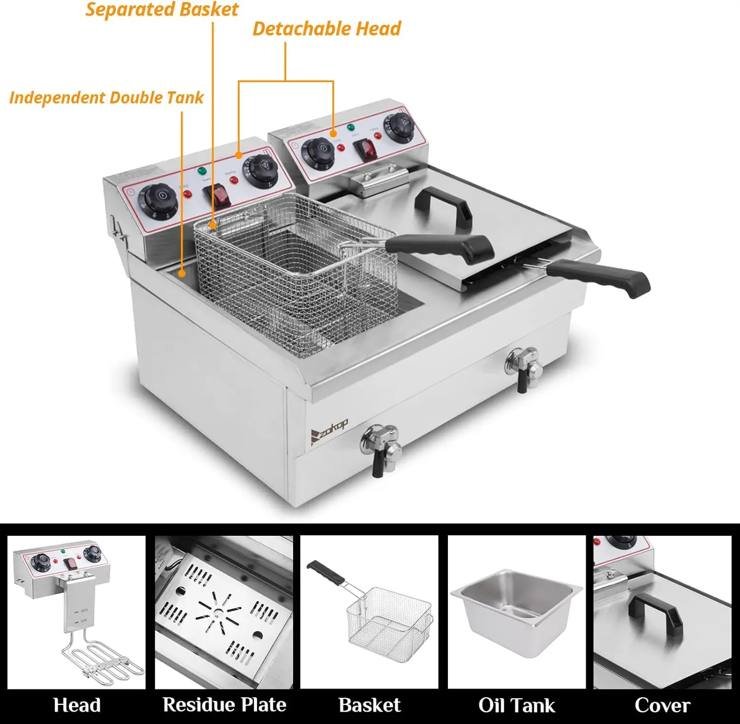 Elektrische friteuse met tijdregeling en oliefiltratie, dubbele tankfriteuses op aanrecht, afvoer- en temperatuurregeling, manden en deksel