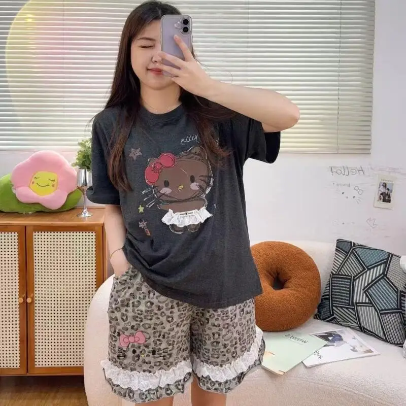 Popular Hello Kitty Summer Cartoon Women's Pajamas Large Size Short-Sleeved Shorts Two-Piece Set Lace Beautiful Ins Home Clothes view 4