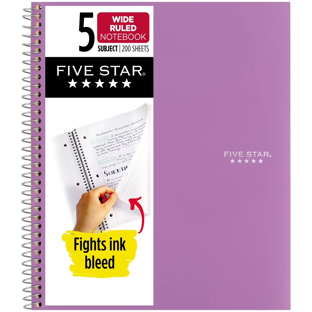 Spiral Notebook with Study App 5 Subject Wide Ruled 8 x 10.5 Inches Amethyst Purple College Ruled School Supplies for Students Note Taking Journal