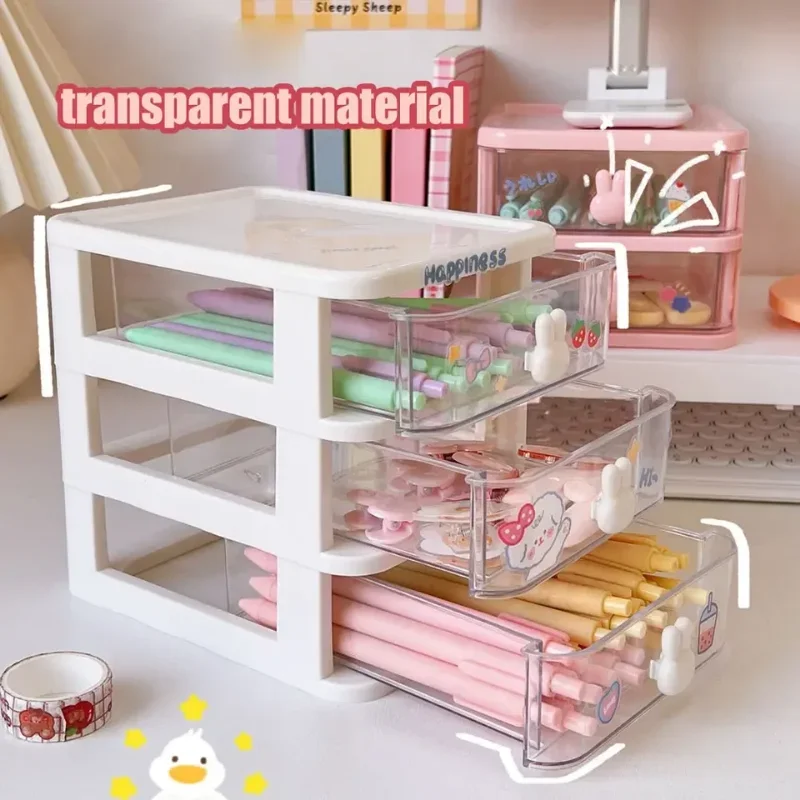 Rabbit Kawaii Desktop Organizer Drawer Pink/White Washi/Paper/Pencil/Sticker/Marker Cute Desk Storage Box Pen Holder Stationery