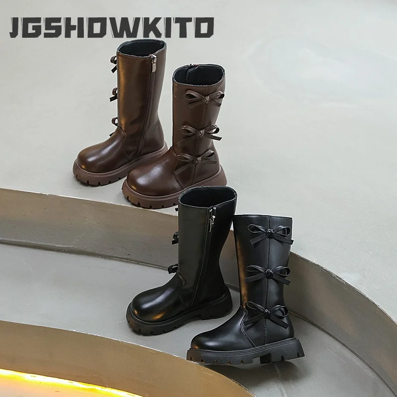 JGSHOWKITO Girls High Boots Autumn Winter Sweet Bow Princess Fashion Children Platform Boots Catwalk Non-slip Kids Long Boots