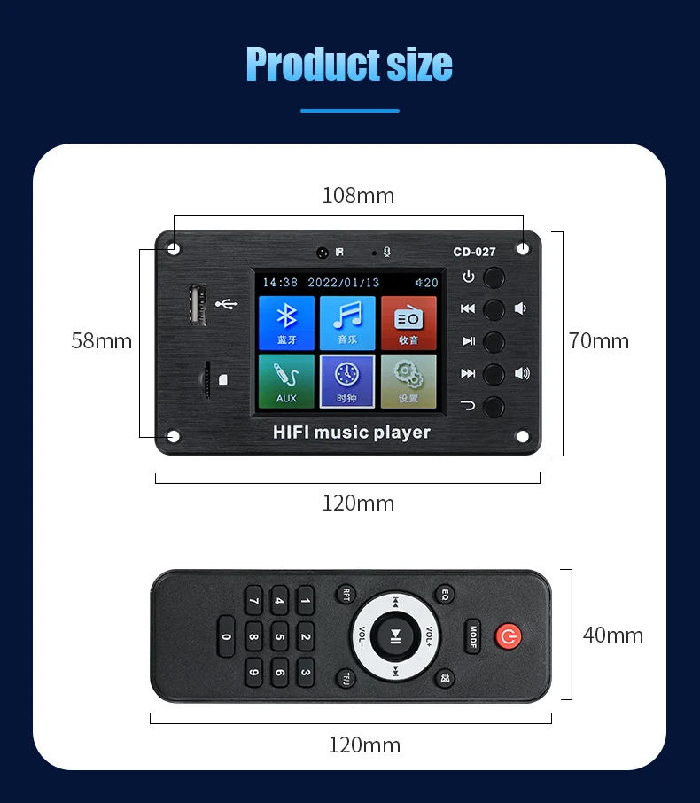 027 Car LCD MP3 Decoding Board Bluetooth Stereo Audio Receiver FLAC WAV APE Decoder FM Radio USB Player